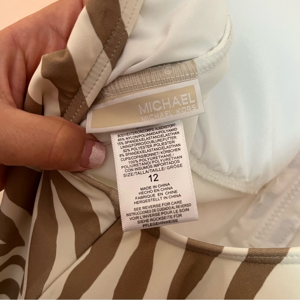 Michael Kors Zebra Print One Piece Swimsuit Zip Front Size 12 Neutral Swim - Picture 4 of 7